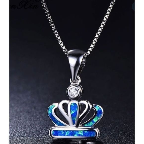 BLUE OPAL N SILVER CROWN NECKLACE - Picture 3 of 9